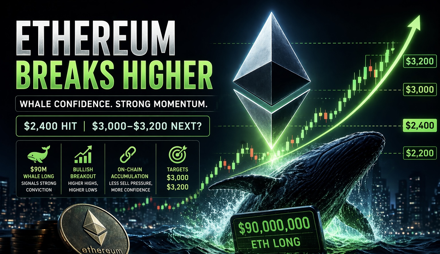 Ethereum Whale stawia 90 mln USD na wzrost, gdy ETH celuje w 3200 USD