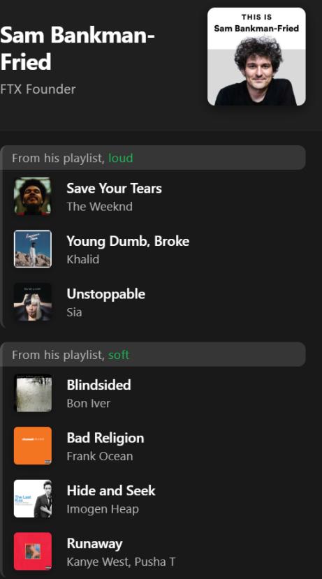 加密大佬歌单遭曝光:SBF 爱心碎曲,Brian 为它单曲循环 60 次