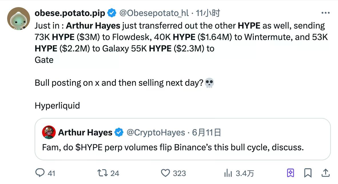 Arthur Hayes的"奶"里藏刀：HYPE狂吹300万，转头砸盘300万！