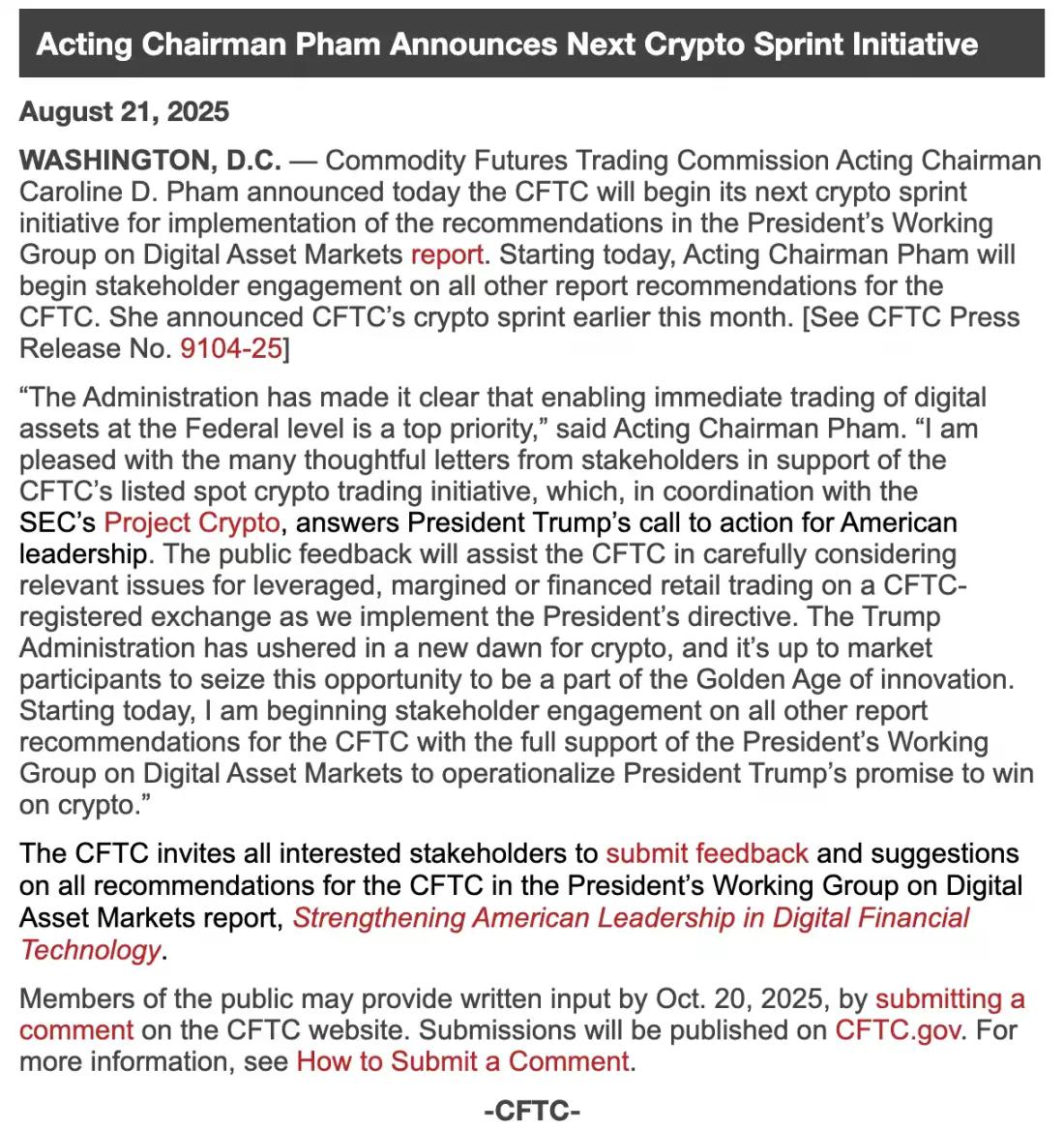 CFTC 启动「加密冲刺」新阶段,为数字资产即时交易打开合规通道