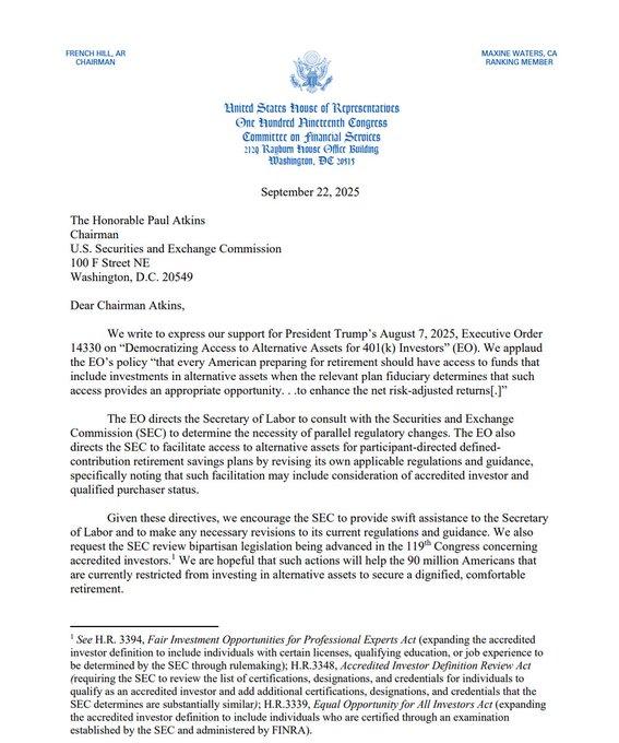 一封信函，万亿美金：美国国会正式敦促SEC为401(k)投资比特币开绿灯
