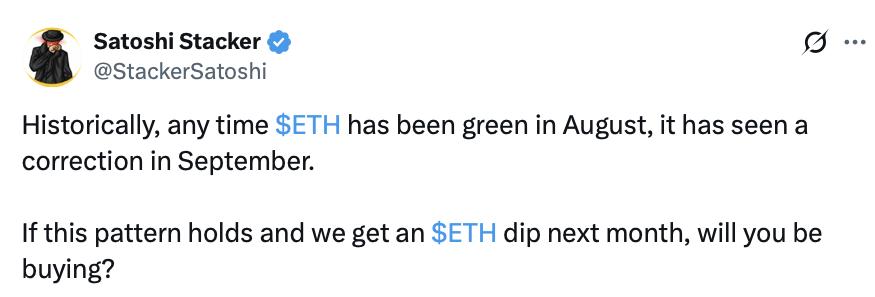 历史数据表明,以太坊8月份上涨后9月份大概率下跌