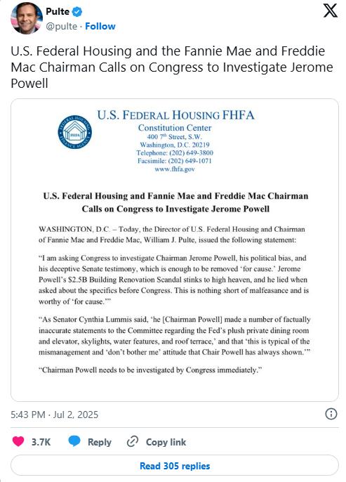 FHFA要求调查鲍威尔对特朗普存有偏见