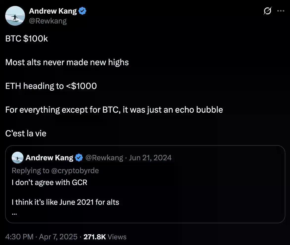 Andrew Kang怒怼Tom Lee：华尔街大多头的ETH理论是我见过“最蠢的”！