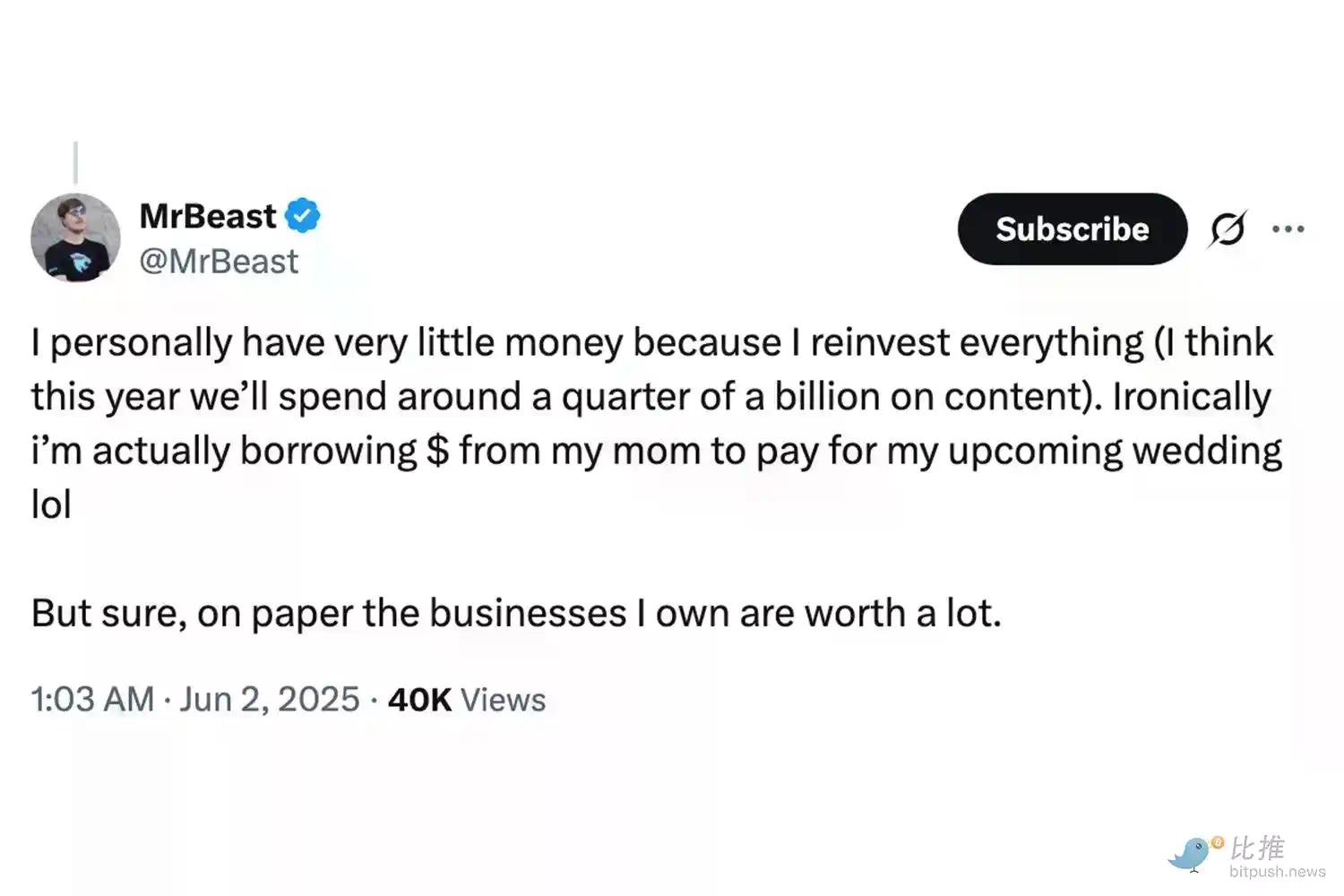 跨界联合：Tom Lee投资2亿美元，牵手全球顶流野兽先生